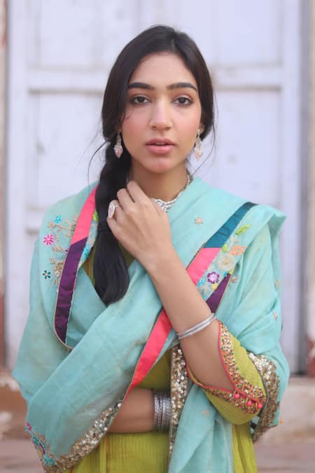 Rajiramniq_Green Kurta Tissue Chanderi Pant  Dupatta Set _at_Aza_Fashions