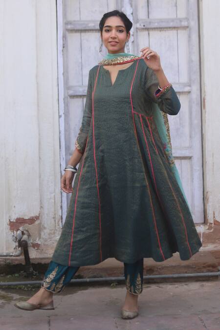 Rajiramniq_Blue Kurta Tissue Chanderi Pant  Dupatta Set _Online_at_Aza_Fashions
