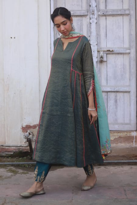 Buy_Rajiramniq_Blue Kurta Tissue Chanderi Pant  Dupatta Set _Online_at_Aza_Fashions