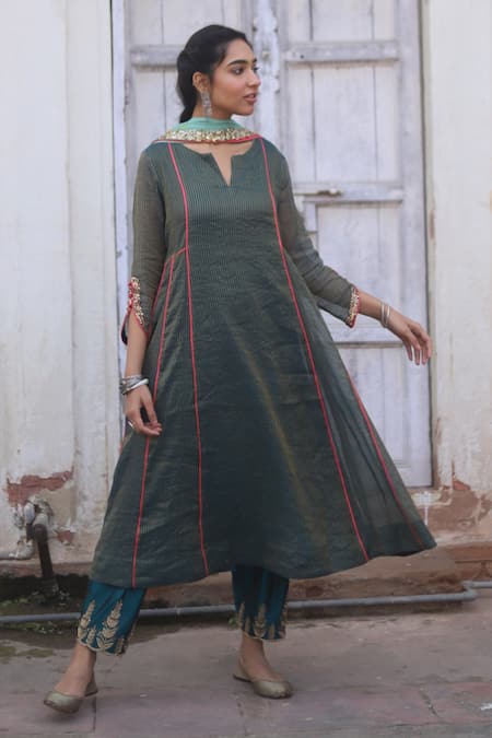 Shop_Rajiramniq_Blue Kurta Tissue Chanderi Pant  Dupatta Set _Online_at_Aza_Fashions