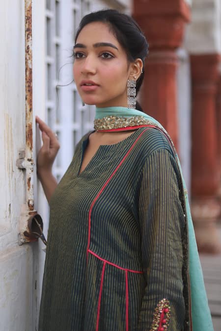 Rajiramniq_Blue Kurta Tissue Chanderi Pant  Dupatta Set _at_Aza_Fashions