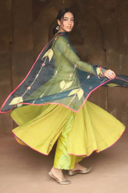 Rajiramniq Green Kurta Handwoven Tissue Chanderi Pant Silk Dupatta Anarkali Set 