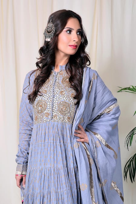 Shop Nazar By Indu Grey Cotton Embroidered Anarkali With Dupatta at Aza Fashions Shop_Nazar By Indu_Grey Cotton Embroidered Anarkali With Dupatta _at_Aza_Fashions