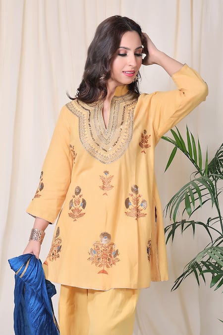 Shop Nazar By Indu Yellow , Monga Embroidered Kurta Set at Aza Fashions Shop_Nazar By Indu_Yellow , Monga Embroidered Kurta Set _at_Aza_Fashions