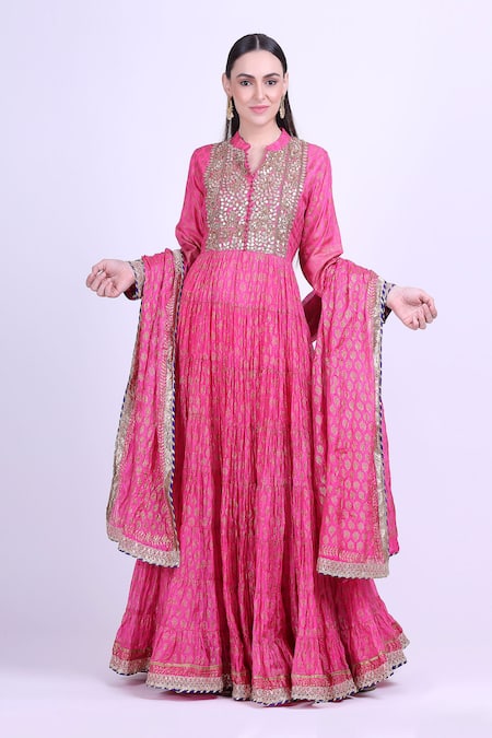 Nazar By Indu Pink Pure Silk Anarkali With Dupatta