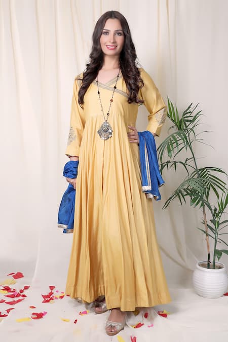 Nazar By Indu Yellow , Monga Embroidered Angrakha With Dupatta