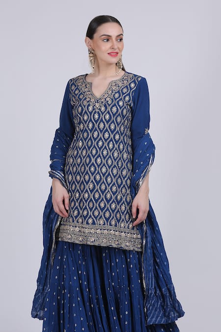 Shop Nazar By Indu Blue Cotton Georgette Embroidered Kurta Set at Aza Fashions Shop_Nazar By Indu_Blue Cotton Georgette Embroidered Kurta Set _at_Aza_Fashions