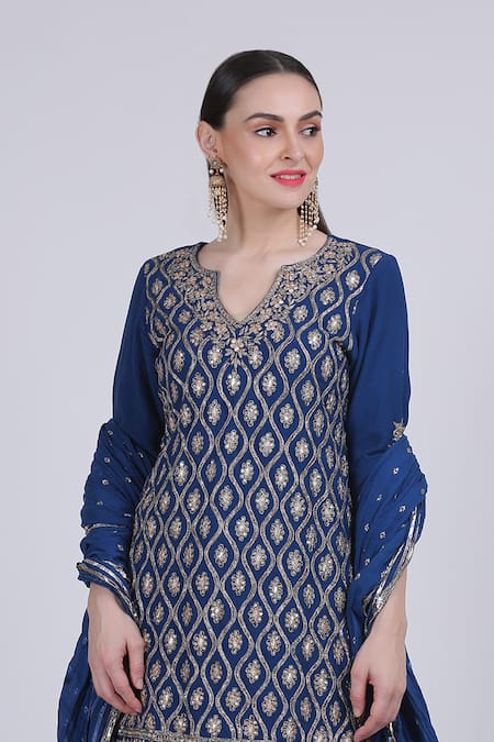 Nazar By Indu Blue Cotton Georgette Embroidered Kurta Set Online at Aza Fashions Nazar By Indu_Blue Cotton Georgette Embroidered Kurta Set _Online_at_Aza_Fashions