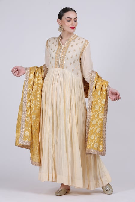 Nazar By Indu White Monga Silk Embroidered Anarkali With Dupatta