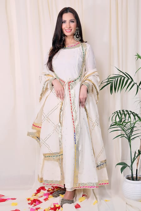 Nazar By Indu White Cotton Voil Printed Jacket And Anarkali Set