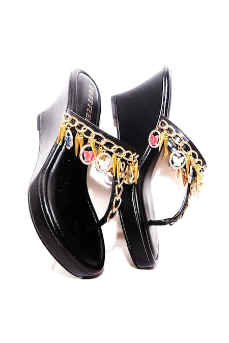 Foot Fuel_Black Chains, Rhinestones Nazakat Split Toe Wedges _Online_at_Aza_Fashions