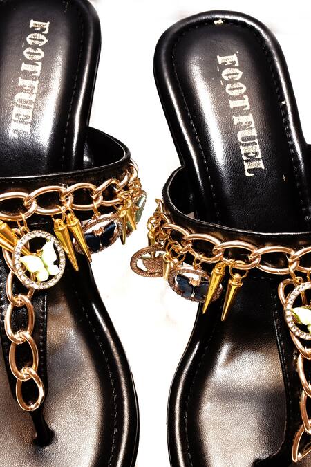Shop_Foot Fuel_Black Chains, Rhinestones Nazakat Split Toe Wedges _Online_at_Aza_Fashions