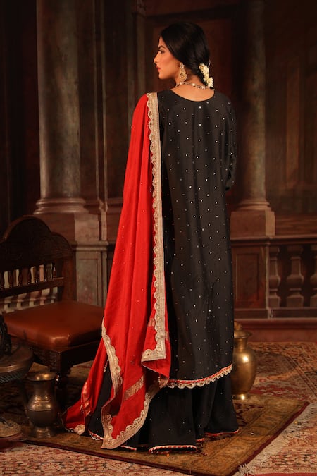 Shop_Ruh Clothing_Black Chanderi Chikankari Kurta Gharara Set _at_Aza_Fashions