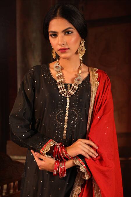 Buy_Ruh Clothing_Black Chanderi Chikankari Kurta Gharara Set _Online_at_Aza_Fashions