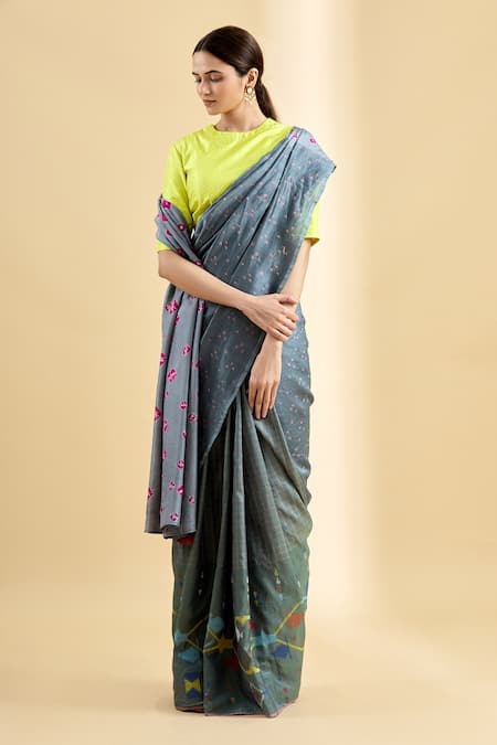 Injiri Grey Cotton Silk Bandhani Saree