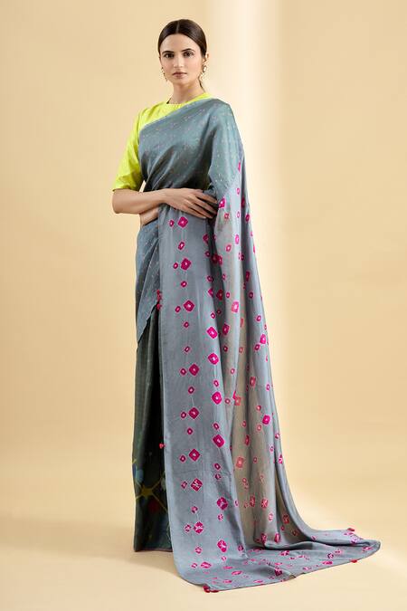 Injiri_Grey Cotton Silk Bandhani Saree_Online_at_Aza_Fashions
