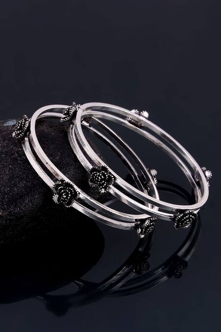 Noor_Silver Plated Embroidery Floral Motif Bangles - Set Of 2_Online_at_Aza_Fashions