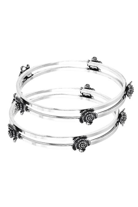 Buy_Noor_Silver Plated Embroidery Floral Motif Bangles - Set Of 2_Online_at_Aza_Fashions