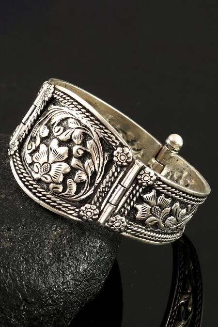 Noor_Silver Plated Cut Work Oxidized Floral Carved Bangle Single Pc_Online_at_Aza_Fashions