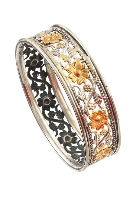 Noor_Gold Plated Carved Floral Bangle_Online_at_Aza_Fashions