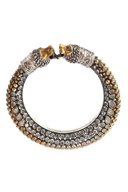 Buy_Noor_Gold Plated Diamonds Lion Design Polki Bangle_Online_at_Aza_Fashions