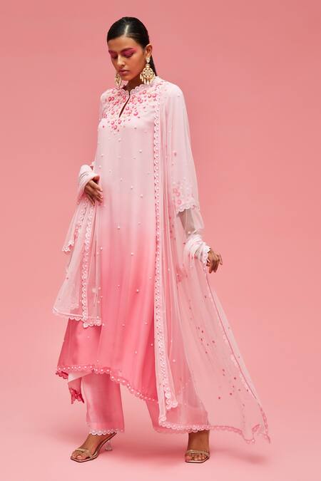 Nachiket Barve_Pink Dupatta Tulle, Kurta Georgette, Lining Floral Embroidered Anarkali Set_Online_at_Aza_Fashions