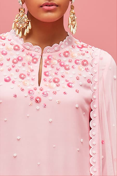Buy_Nachiket Barve_Pink Dupatta Tulle, Kurta Georgette, Lining Floral Embroidered Anarkali Set_Online_at_Aza_Fashions