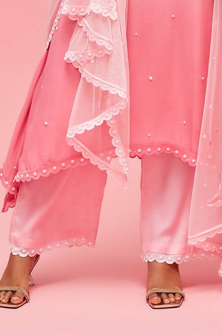 Nachiket Barve_Pink Dupatta Tulle, Kurta Georgette, Lining Floral Embroidered Anarkali Set_at_Aza_Fashions