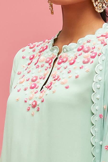 Buy_Nachiket Barve_Green Dupatta Tulle, Kurta Georgette, Lining Floral Embroidered Anarkali Set_Online_at_Aza_Fashions