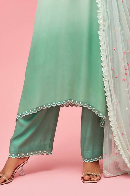 Shop_Nachiket Barve_Green Dupatta Tulle, Kurta Georgette, Lining Floral Embroidered Anarkali Set_Online_at_Aza_Fashions
