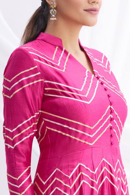 Nachiket Barve_Pink Silk Chanderi Embroidered Anarkali Set_at_Aza_Fashions