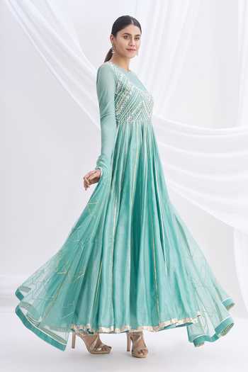 Buy NACHIKETBARVE Green Silk Chanderi Embroidered Anarkali Set at Aza Fashions Buy_NACHIKETBARVE_Green Silk Chanderi Embroidered Anarkali Set_at_Aza_Fashions