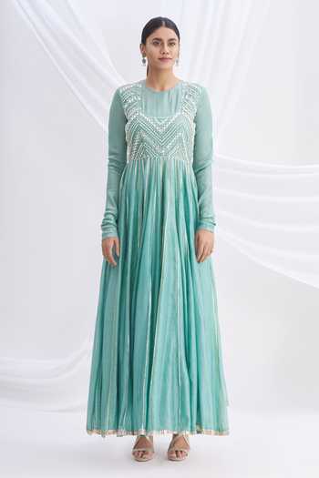 NACHIKETBARVE Green Silk Chanderi Embroidered Anarkali Set Online at Aza Fashions NACHIKETBARVE_Green Silk Chanderi Embroidered Anarkali Set_Online_at_Aza_Fashions