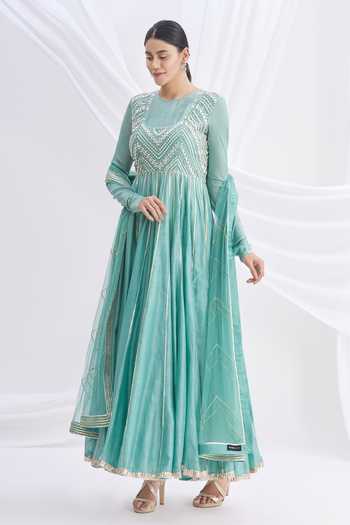 Buy NACHIKETBARVE Green Silk Chanderi Embroidered Anarkali Set Online at Aza Fashions Buy_NACHIKETBARVE_Green Silk Chanderi Embroidered Anarkali Set_Online_at_Aza_Fashions