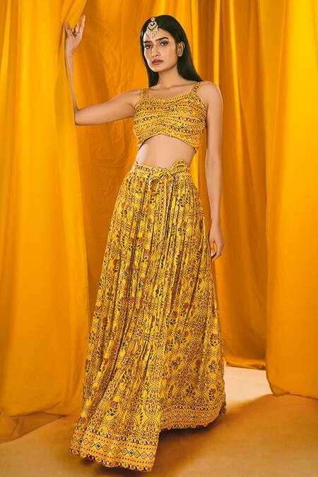 Shop Label NE'Chi Yellow Muslin Silk Floral, Mirror Work, Pearl, Resham Print Lehenga Set With at Aza Fashions Shop_Label NE'Chi_Yellow Muslin Silk Floral, Mirror Work, Pearl, Resham Print Lehenga Set With_at_Aza_Fashions