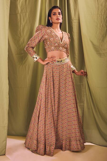 Shop Label NE'Chi Green Muslin Silk Floral, Pearl, Resham, Mirrorwork Printed Skirt And Crop Top Set at Aza Fashions Shop_Label NE'Chi_Green Muslin Silk Floral, Pearl, Resham, Mirrorwork Printed Skirt And Crop Top Set_at_Aza_Fashions