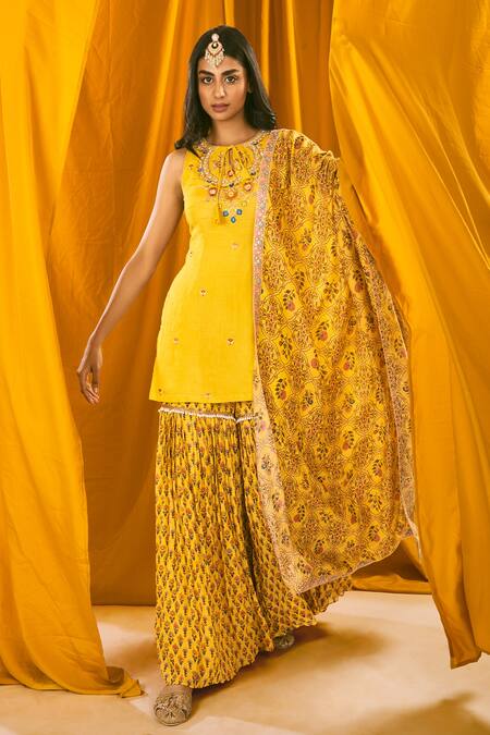 Shop_Label NE'Chi_Yellow Muslin Silk Floral, Pearl, Resham, Embroidered Kurta Sharara Set_at_Aza_Fashions