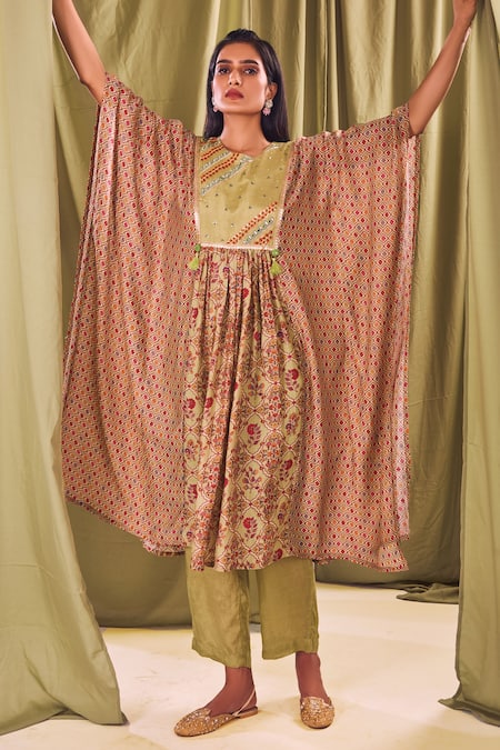 Shop Label NE'Chi Green Muslin Silk Floral, Mirrorwork Round Print Kaftan And Pant Set at Aza Fashions Shop_Label NE'Chi_Green Muslin Silk Floral, Mirrorwork Round Print Kaftan And Pant Set_at_Aza_Fashions