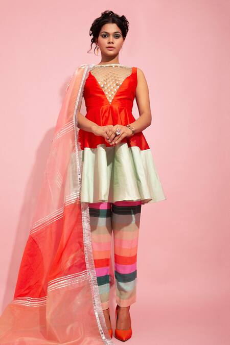 Shop_Nitya Bajaj_Multi Color Silk Colorblock Anarkali Set_at_Aza_Fashions
