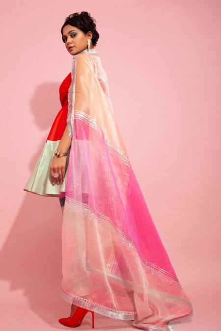 Nitya Bajaj_Multi Color Silk Colorblock Anarkali Set_Online_at_Aza_Fashions