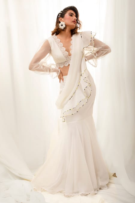 Shop_Nitya Bajaj_White Organza V Neck Skirt Saree Set _Online_at_Aza_Fashions