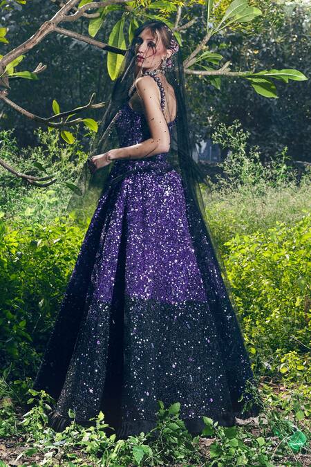 Shop Nitya Bajaj Purple Georgette Embroidery Sequin And Pearl Square Gown With Jacket at Aza Fashions Shop_Nitya Bajaj_Purple Georgette Embroidery Sequin And Pearl Square Gown With Jacket _at_Aza_Fashions