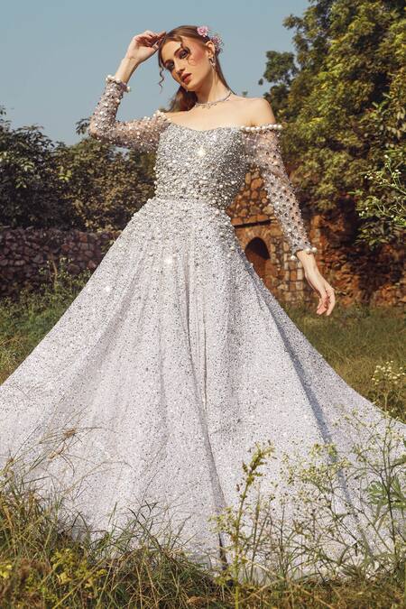 Shop Nitya Bajaj Silver Georgette Embroidery Sequin And Pearl One Shoulder Gown at Aza Fashions Shop_Nitya Bajaj_Silver Georgette Embroidery Sequin And Pearl One Shoulder Gown _at_Aza_Fashions