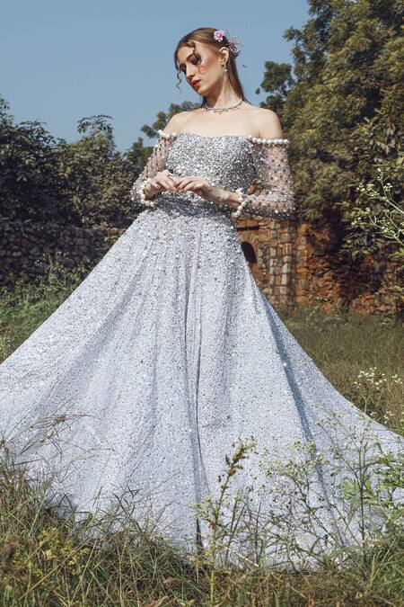 Nitya Bajaj Silver Georgette Embroidery Sequin And Pearl One Shoulder Gown Online at Aza Fashions Nitya Bajaj_Silver Georgette Embroidery Sequin And Pearl One Shoulder Gown _Online_at_Aza_Fashions