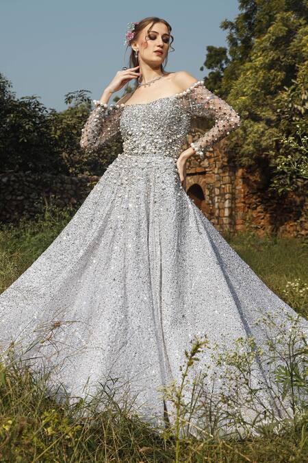 Buy Nitya Bajaj Silver Georgette Embroidery Sequin And Pearl One Shoulder Gown Online at Aza Fashions Buy_Nitya Bajaj_Silver Georgette Embroidery Sequin And Pearl One Shoulder Gown _Online_at_Aza_Fashions