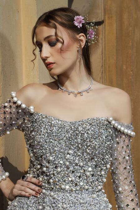 Shop Nitya Bajaj Silver Georgette Embroidery Sequin And Pearl One Shoulder Gown Online at Aza Fashions Shop_Nitya Bajaj_Silver Georgette Embroidery Sequin And Pearl One Shoulder Gown _Online_at_Aza_Fashions
