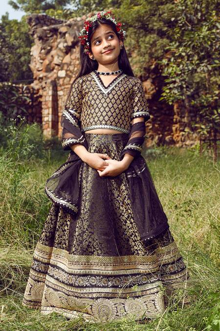Shop_Nitya Bajaj_Black Brocade And Net Woven Thread Lehenga Set _at_Aza_Fashions