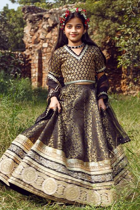 Nitya Bajaj_Black Brocade And Net Woven Thread Lehenga Set _Online_at_Aza_Fashions
