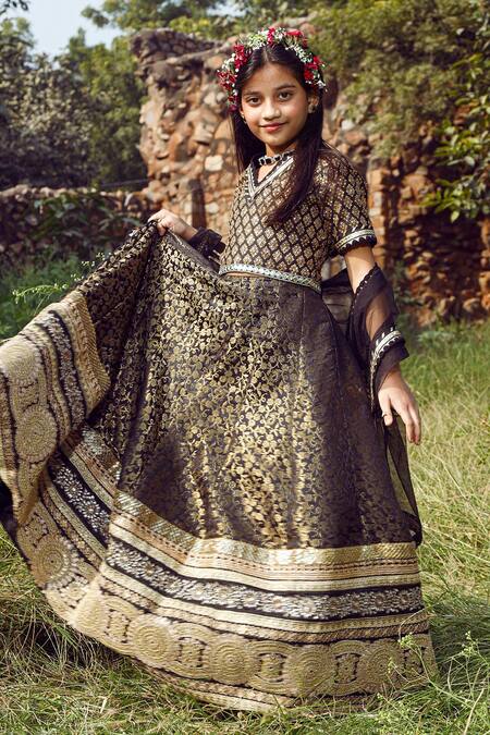 Buy_Nitya Bajaj_Black Brocade And Net Woven Thread Lehenga Set _Online_at_Aza_Fashions