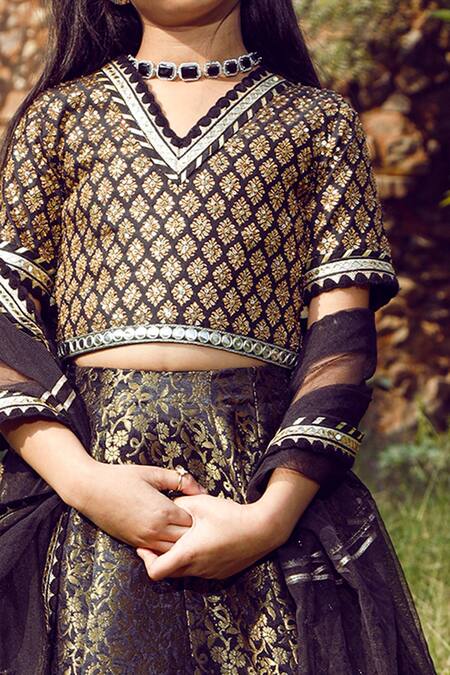 Shop_Nitya Bajaj_Black Brocade And Net Woven Thread Lehenga Set _Online_at_Aza_Fashions